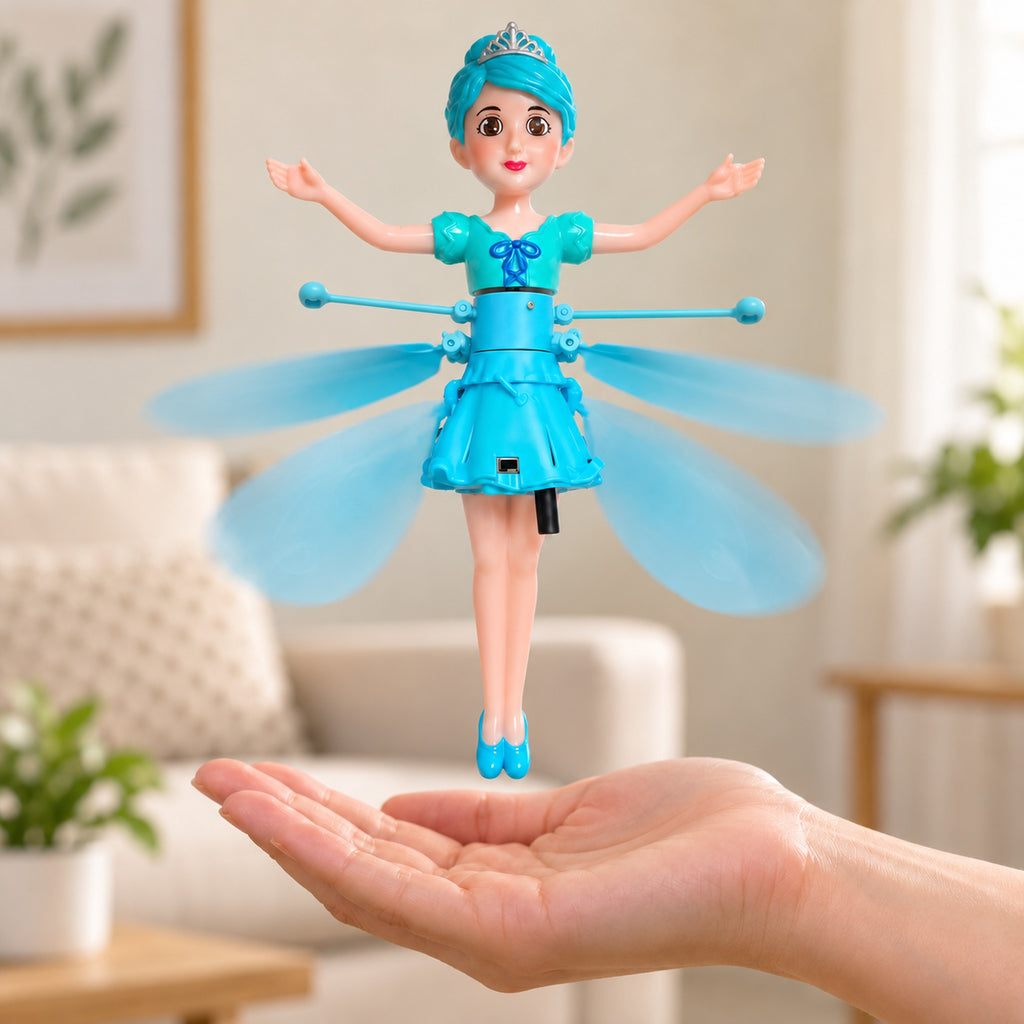Blue flying fairy doll hovering above an adult's open palm in an uncluttered living room