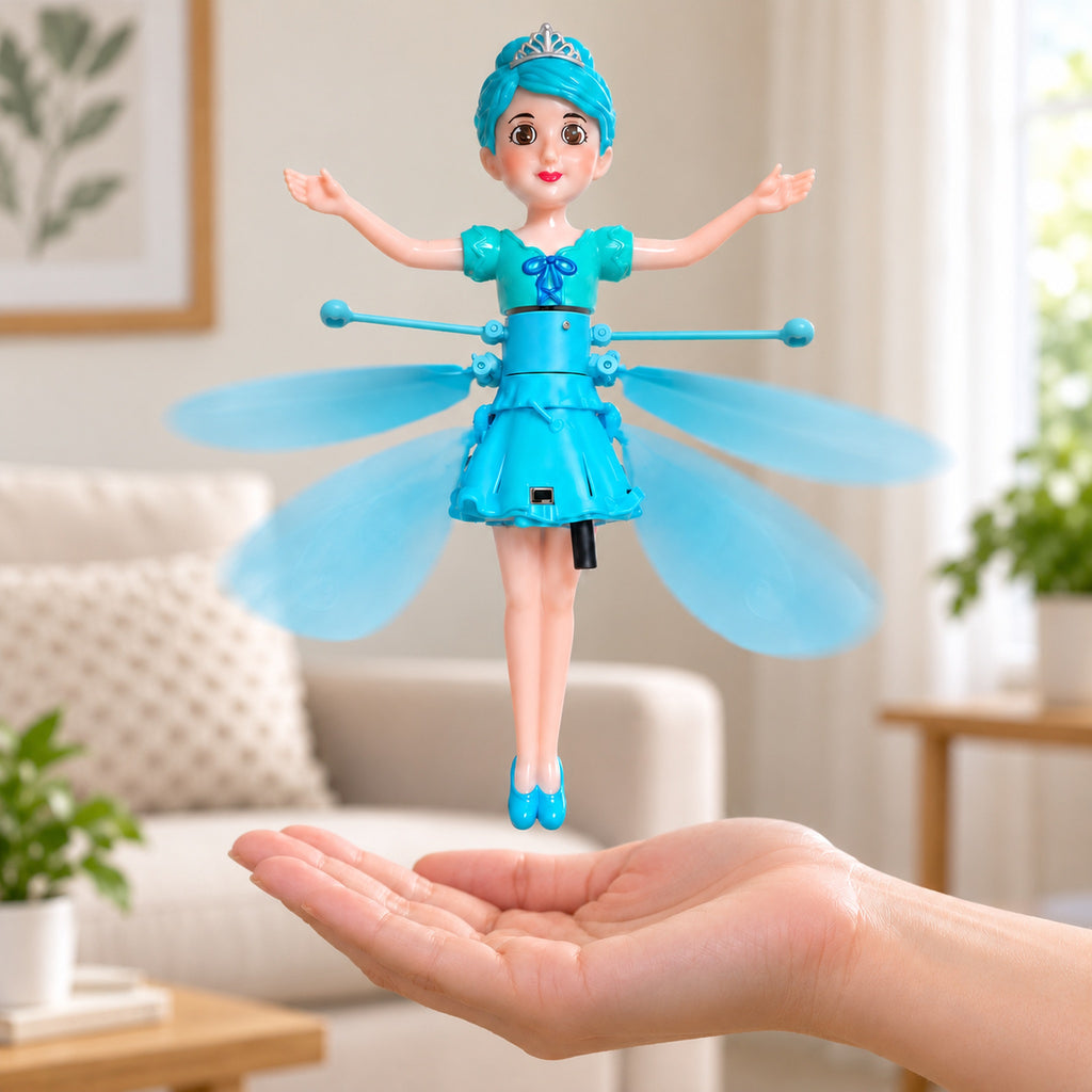 Adult holding an open palm below the blue hovering fairy doll, away from faces