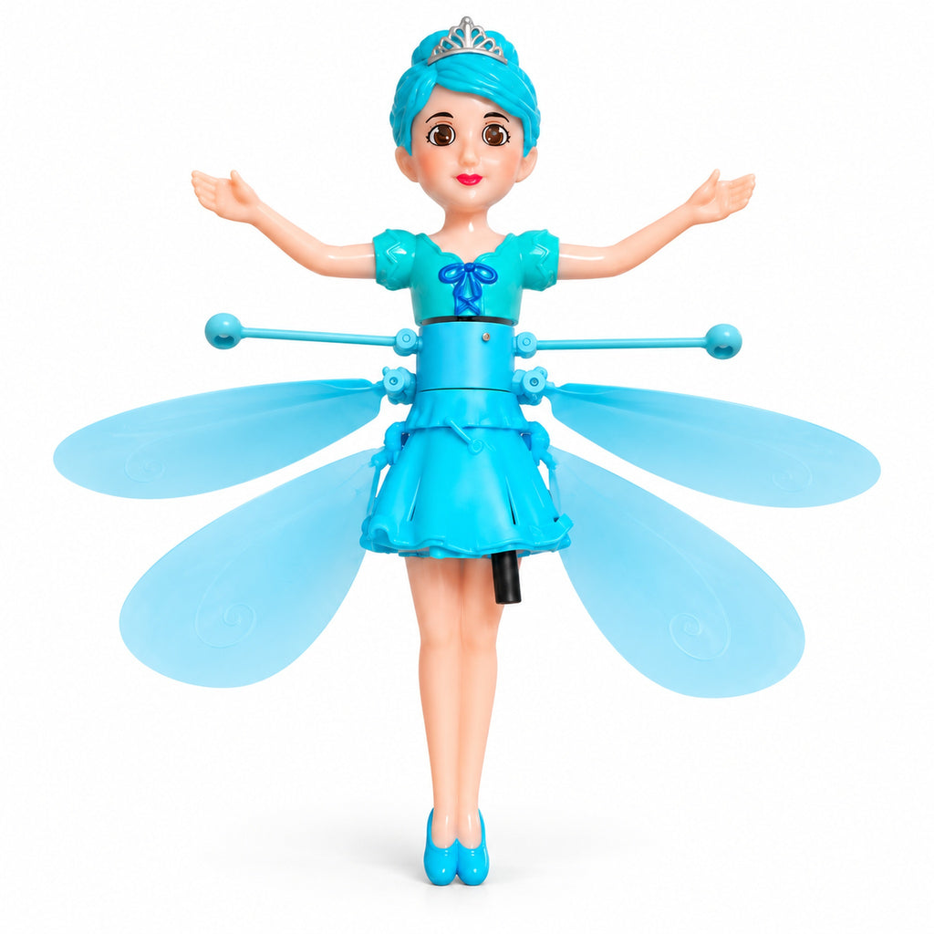 Blue flying fairy doll with stopped rotors on a white background