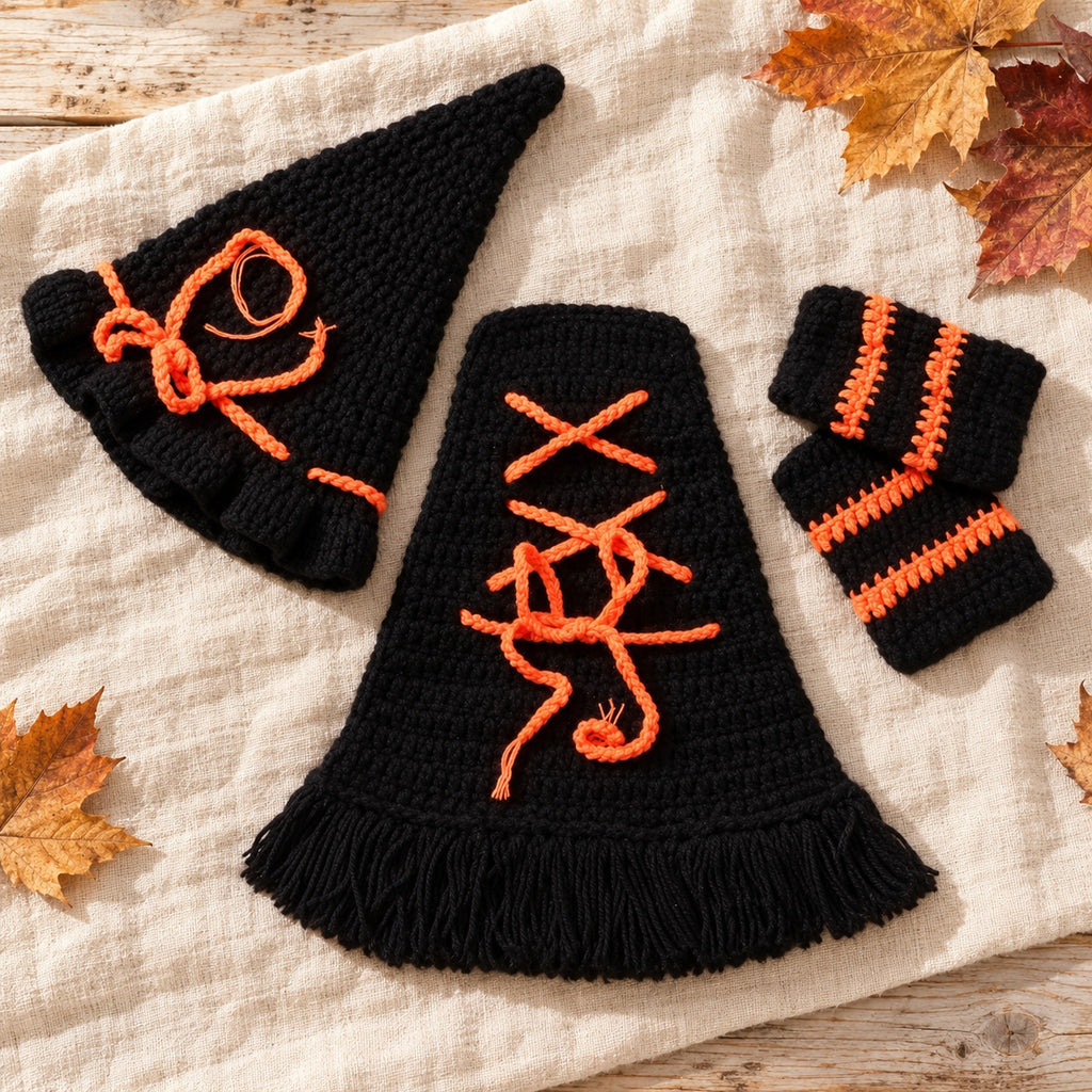 Black and orange crochet witch hat, lace-up cloak and striped socks in an autumn flat-lay