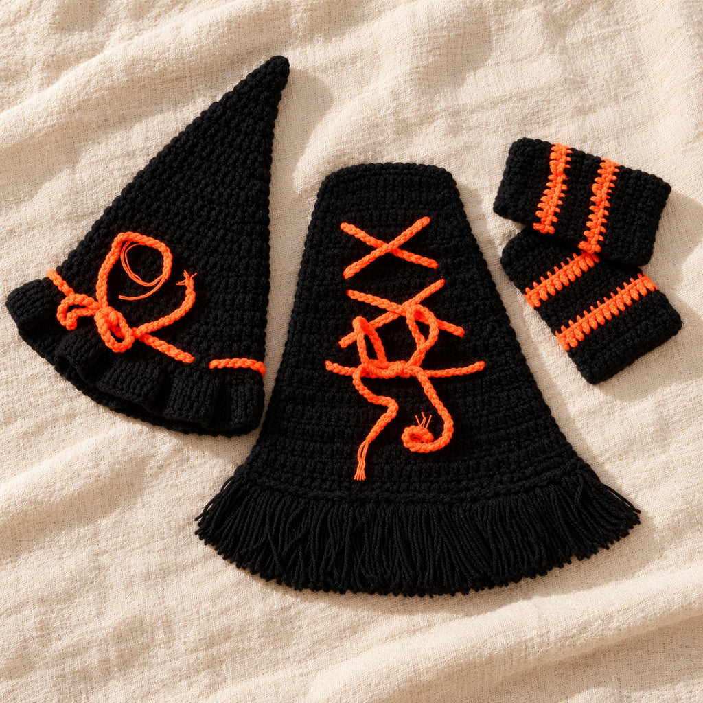 Black and orange witch crochet costume set arranged on beige fabric