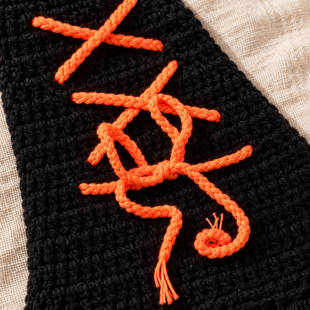 Close-up of orange yarn lacing and bow on the black crochet cloak
