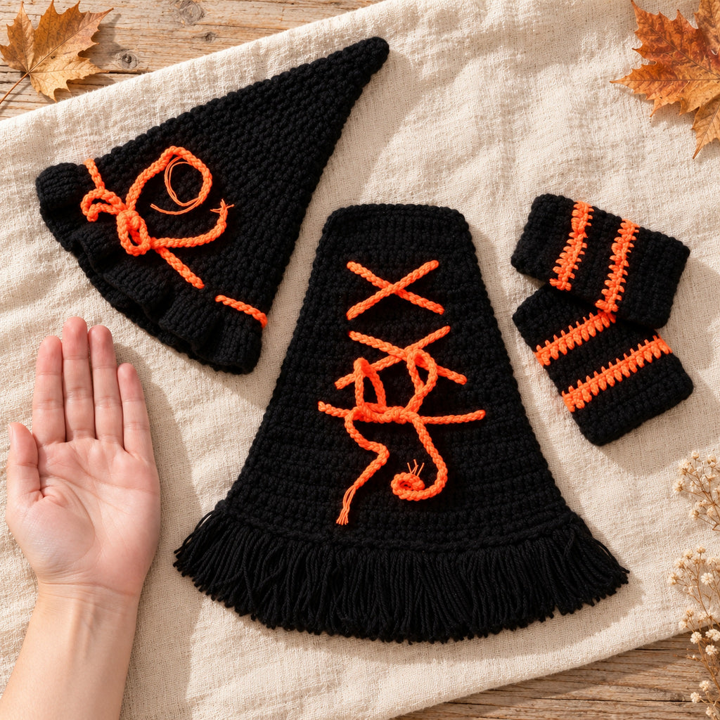 Newborn crochet witch costume set beside an adult palm for scale