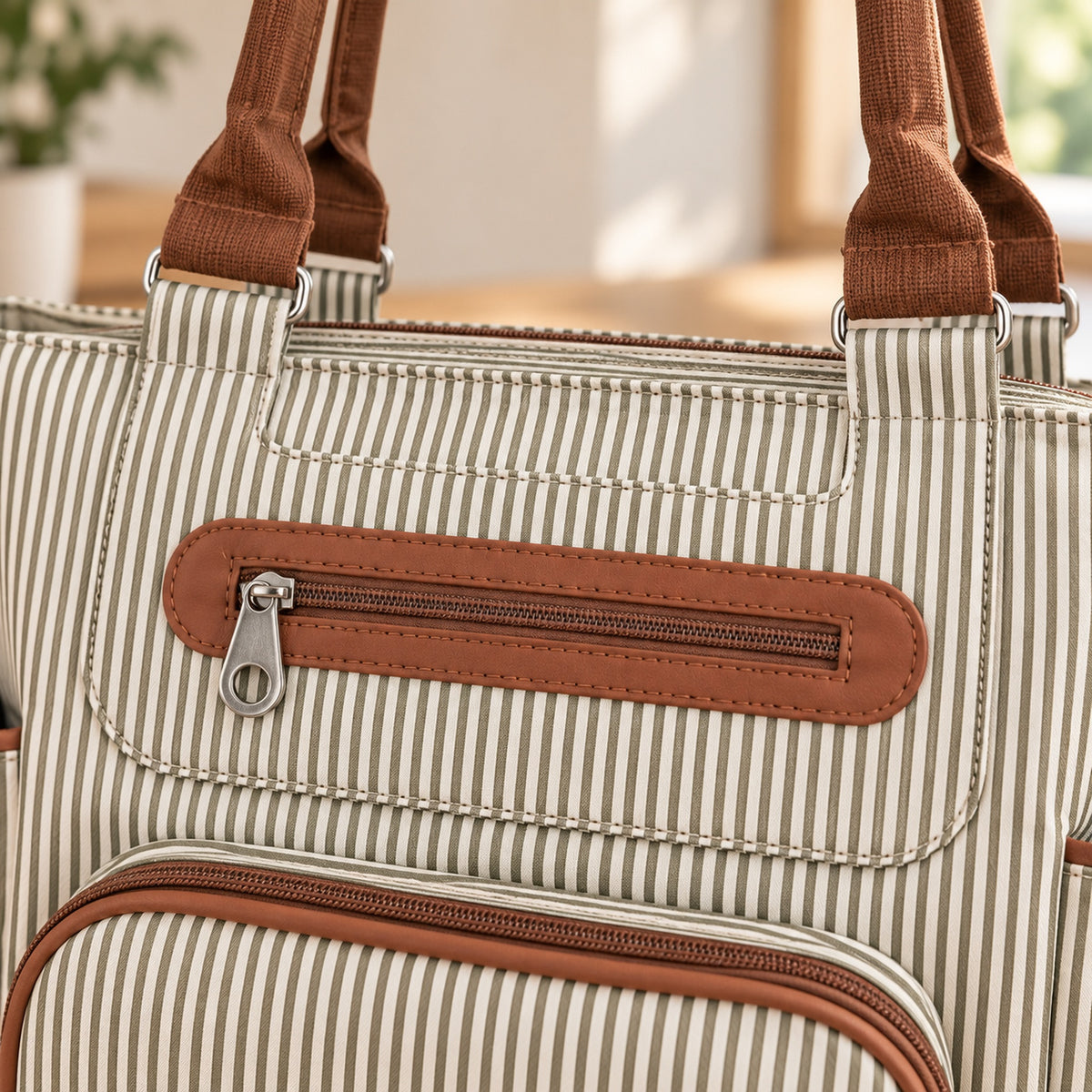 Close-up of brown zipper trim, plain metal pull and pinstripe fabric on the Khaki tote