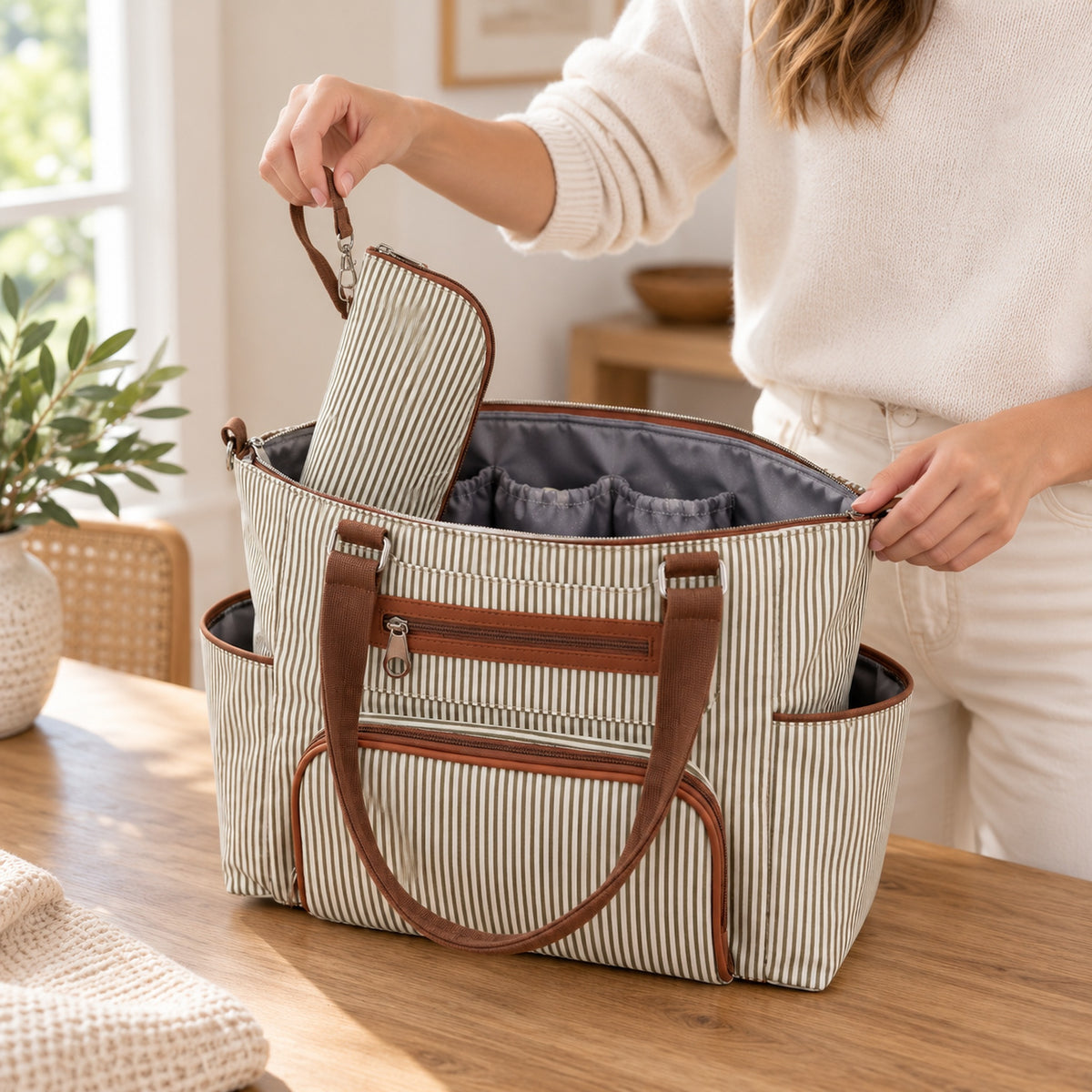 Adult lowering a matching bottle pouch into the open Khaki diaper tote