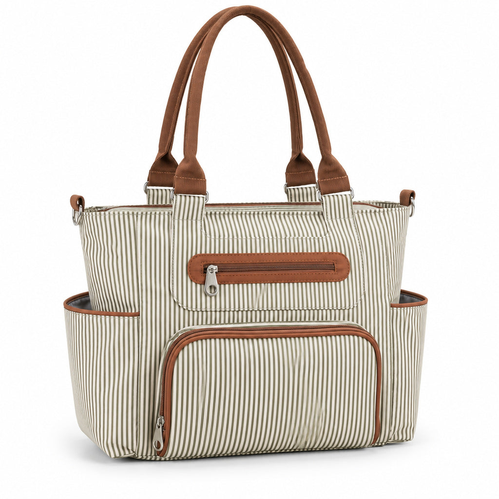 Khaki pinstriped diaper tote on a white background