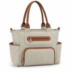 Khaki pinstriped diaper tote on a white background