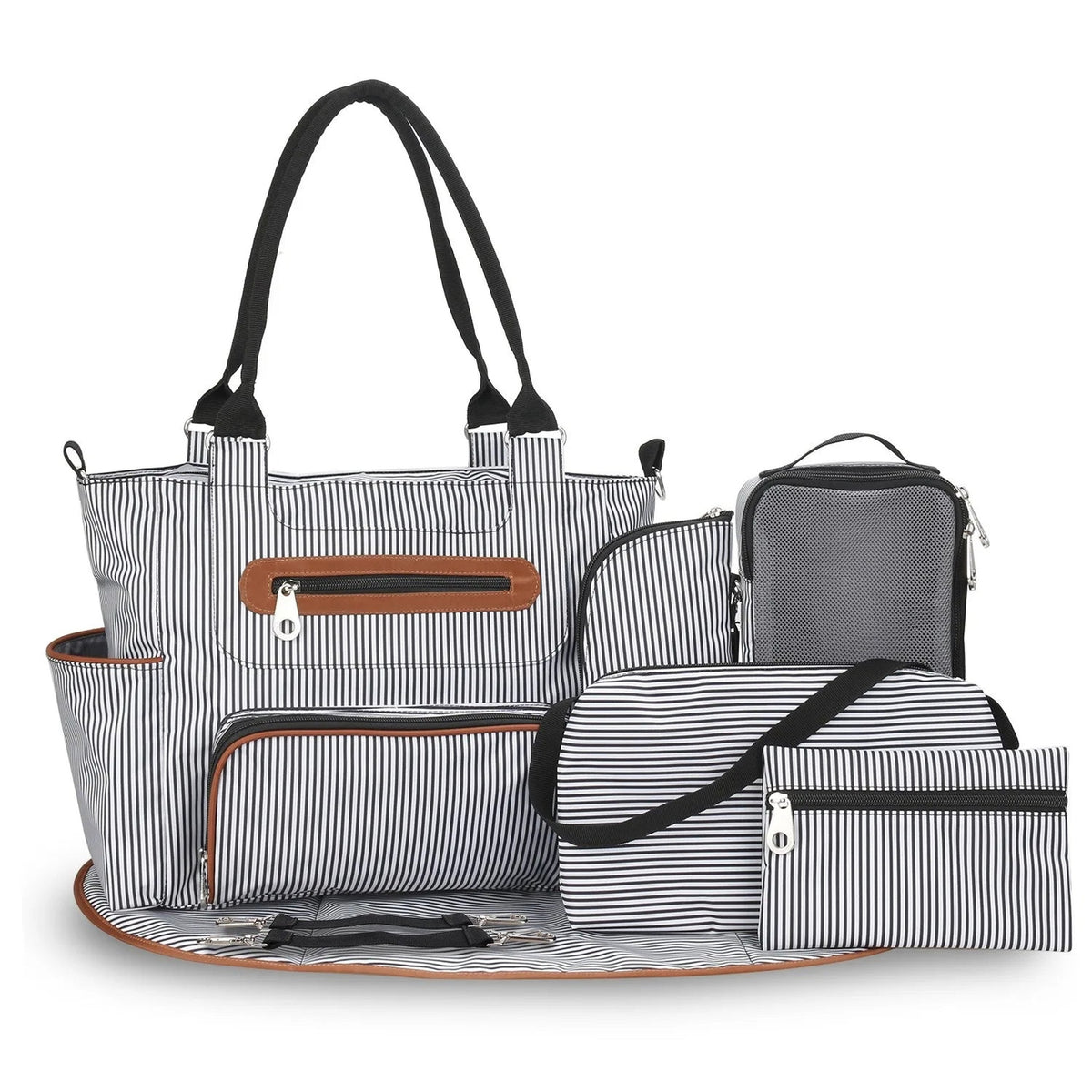 Lumiwee Wren Large Diaper Bag Tote, 7-Piece Set, Black Stripe option