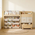 Lumiwee Maple toy storage and book display in a calm playroom with books facing out and toys in 9 white bins