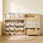 Lumiwee Maple toy storage and book display in a calm playroom with books facing out and toys in 9 white bins
