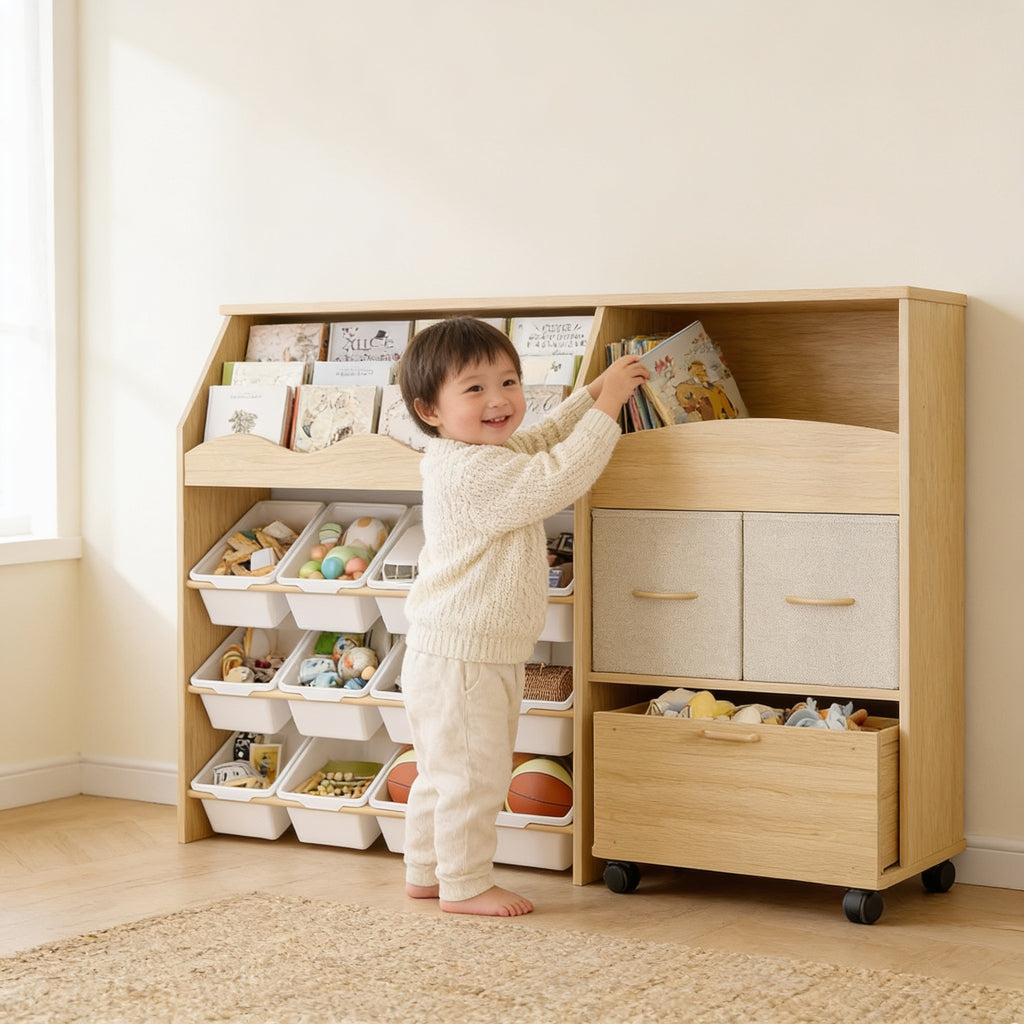 Toddler choosing a picture book from the Lumiwee Maple toy storage wave shelf