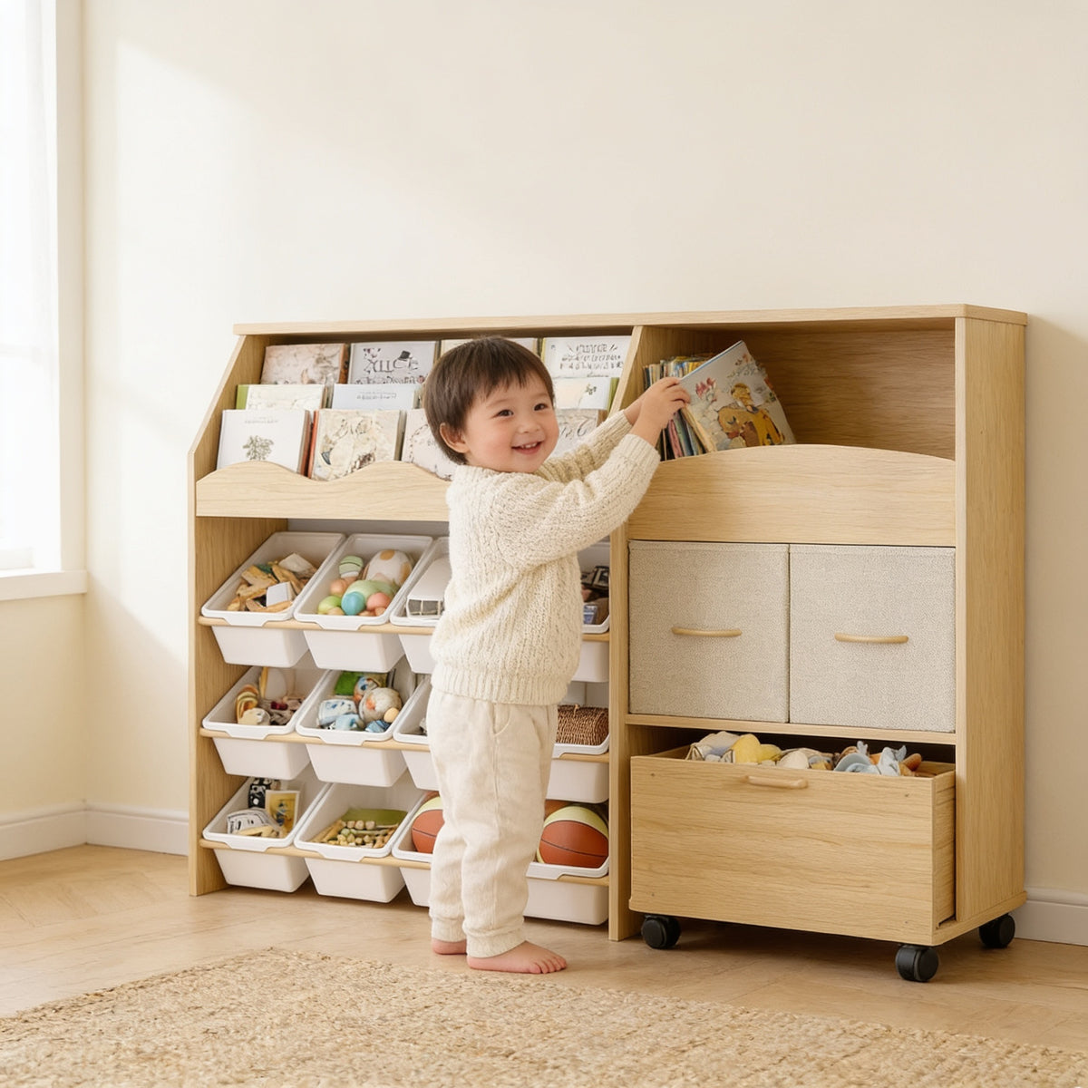 Toddler choosing a picture book from the Lumiwee Maple toy storage wave shelf