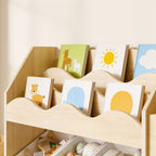 Close-up of the Lumiwee Maple scalloped wave book shelf with books facing out