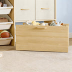 Lumiwee Maple rolling toy chest filled with plush toys below the fabric drawers
