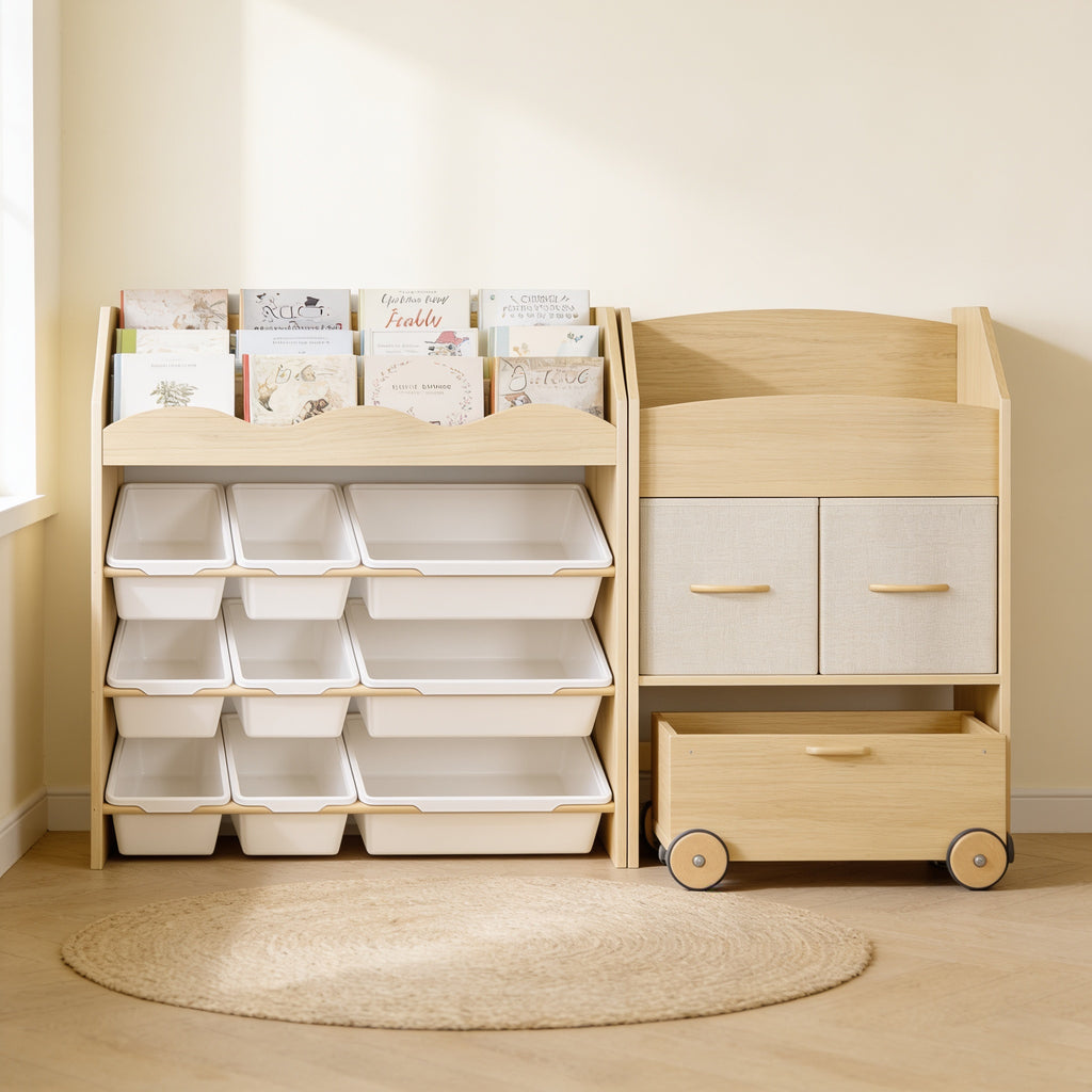 Empty Lumiwee Maple organizer showing its 9 bins, 2 fabric drawers and rolling toy chest