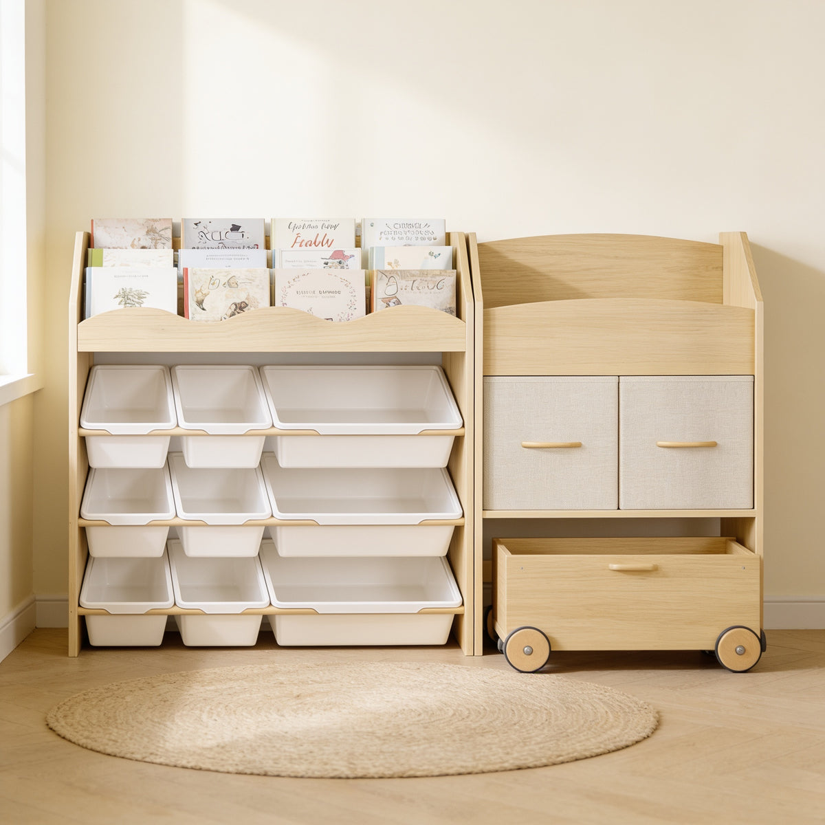 Empty Lumiwee Maple organizer showing its 9 bins, 2 fabric drawers and rolling toy chest