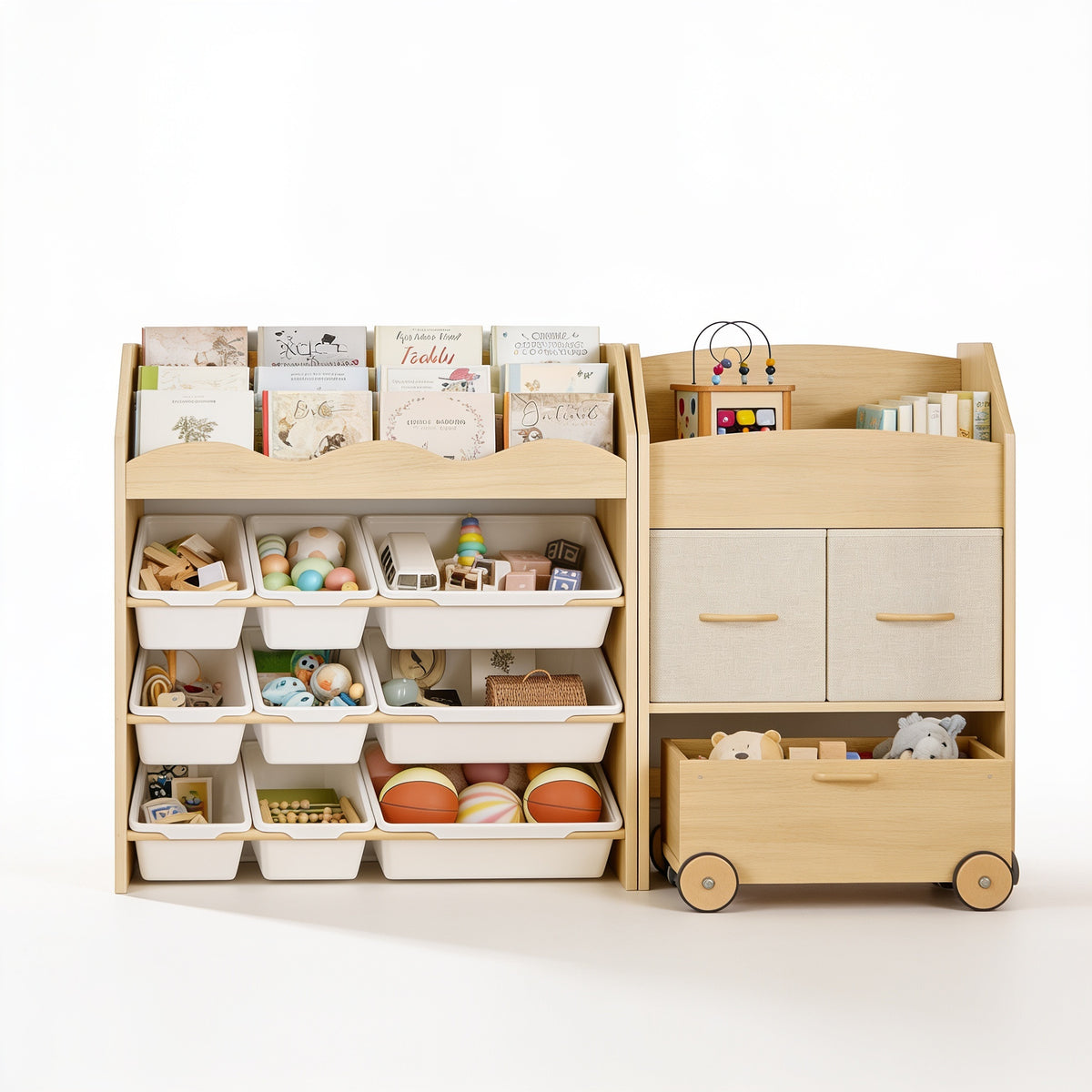 Lumiwee Maple 9-bin toy storage and book display on a white background