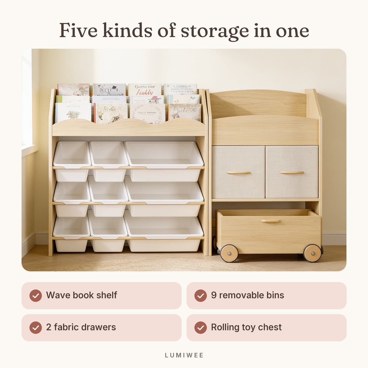 Lumiwee infographic: Maple 9-Bin Toy Storage & Book Display - five kinds of storage in one