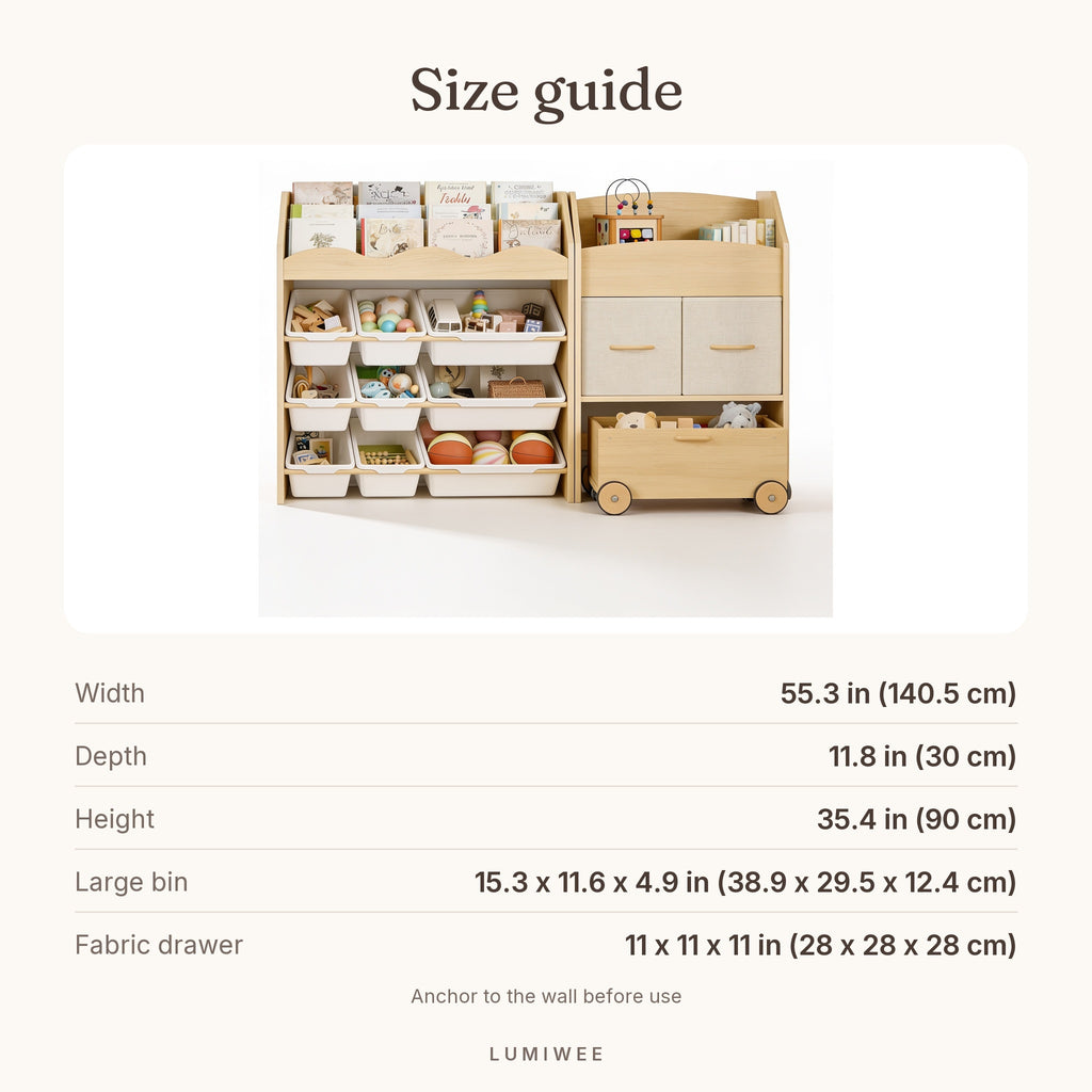 Lumiwee infographic: Maple 9-Bin Toy Storage & Book Display - size guide