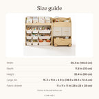 Lumiwee infographic: Maple 9-Bin Toy Storage & Book Display - size guide