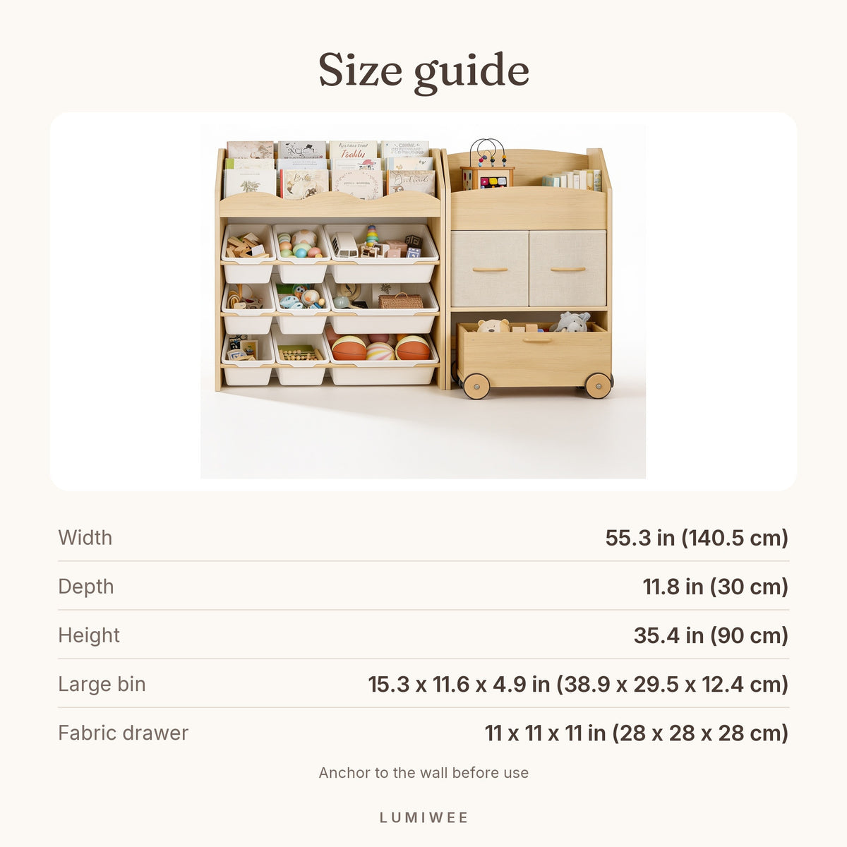 Lumiwee infographic: Maple 9-Bin Toy Storage & Book Display - size guide