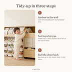 Lumiwee infographic: Maple 9-Bin Toy Storage & Book Display - tidy-up in three steps